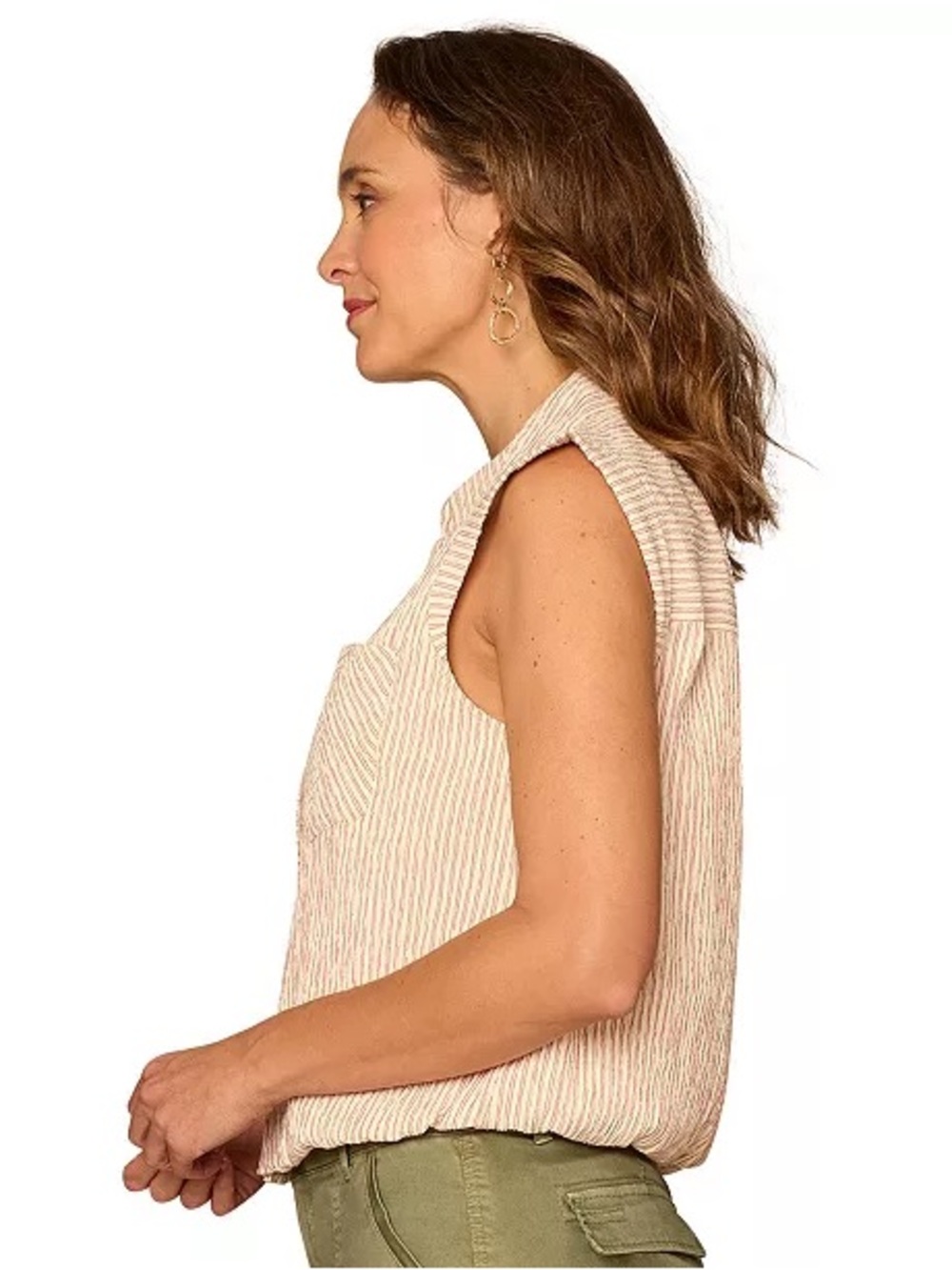 NWT Democracy Ecru Fired Brick Stripe Cap Sleeve Bubble Hem Blouse M - Picture 6 of 15